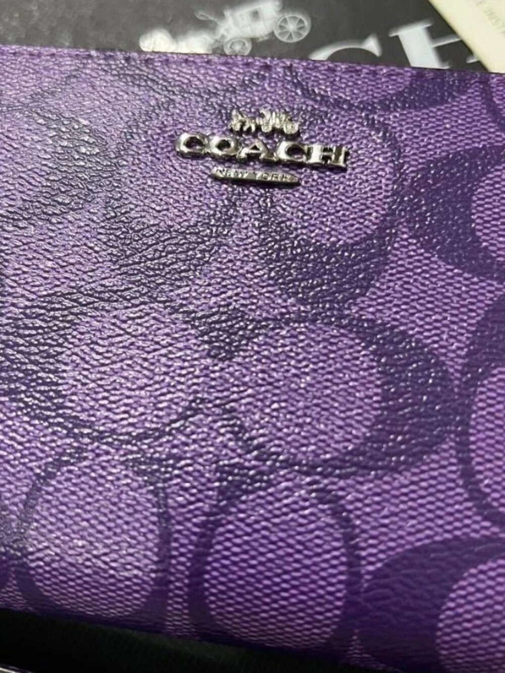 COACH Long Round Zip Wallet with Strap Purple Signature